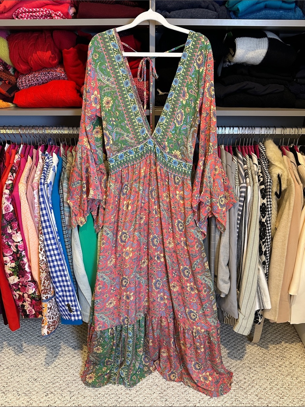 Marisima pink/green floral deep v neck smocked long sleeve maxi dress size M